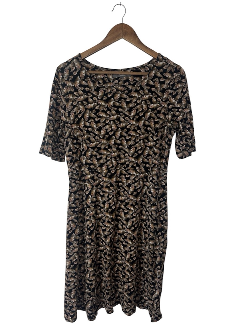 Next Black and Tan Butterfly and Mushroom Print Midi Length A-Line Dress Size 14